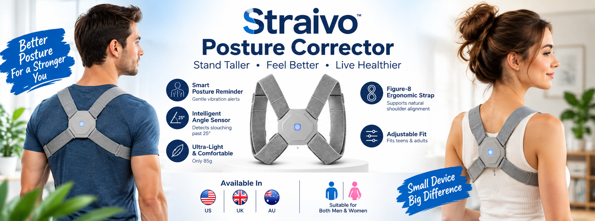 Straivo Posture Corrector banner: man and woman wearing Straivo, available in the US, UK and AU, suitable for both men and women