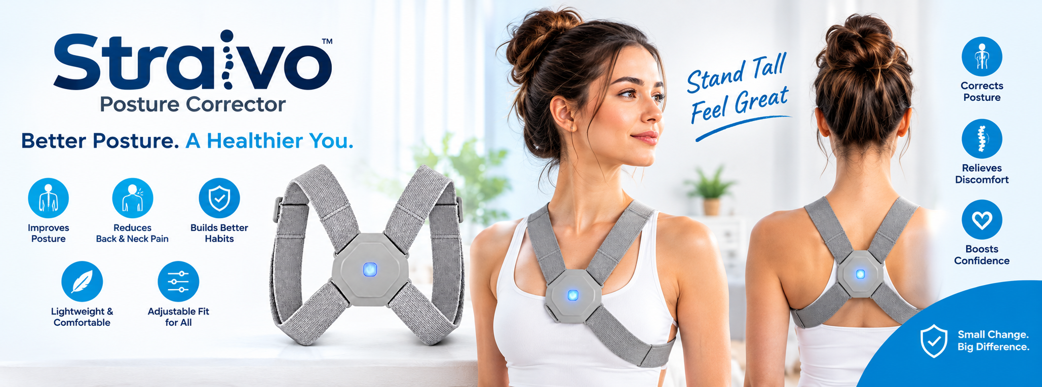 Straivo banner: Better Posture. A Healthier You. Woman wearing the Straivo Posture Corrector, front and back views