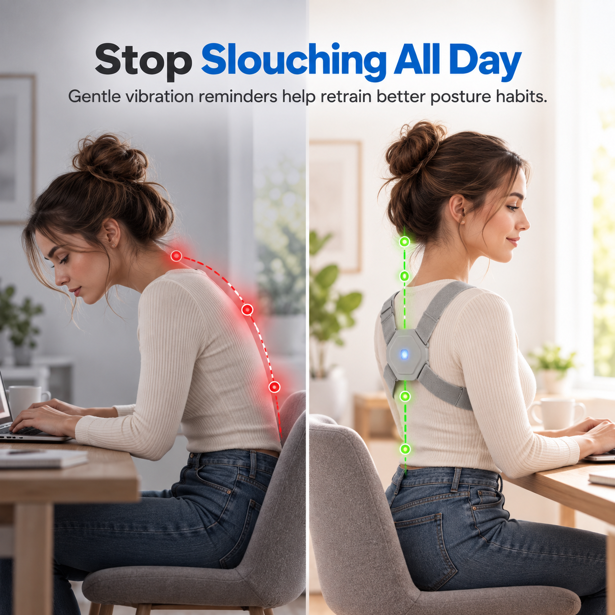 Before and after: woman slouching at a laptop versus sitting upright wearing the Straivo Posture Corrector