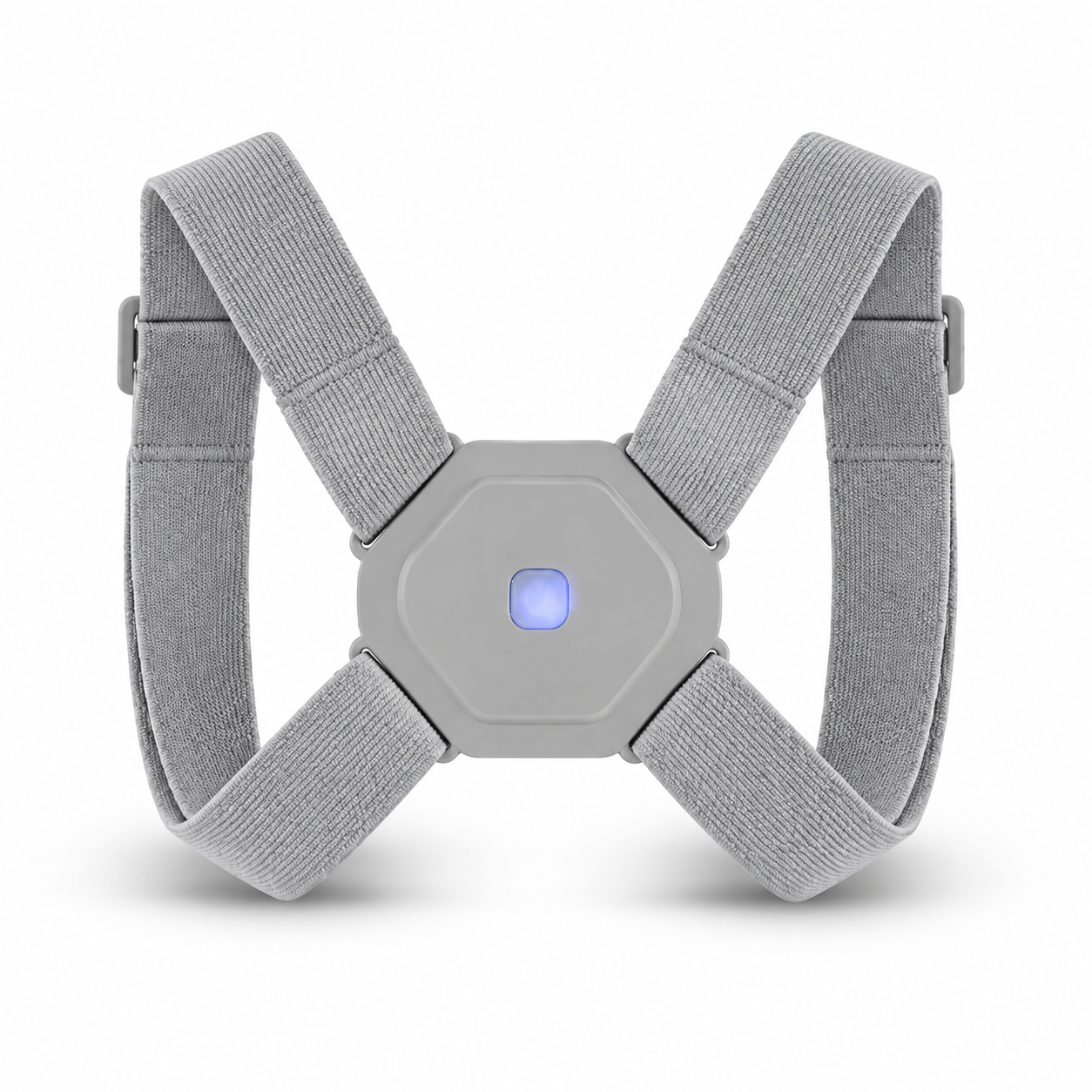 Straivo Posture Corrector with grey figure-8 elastic straps and smart sensor with blue light